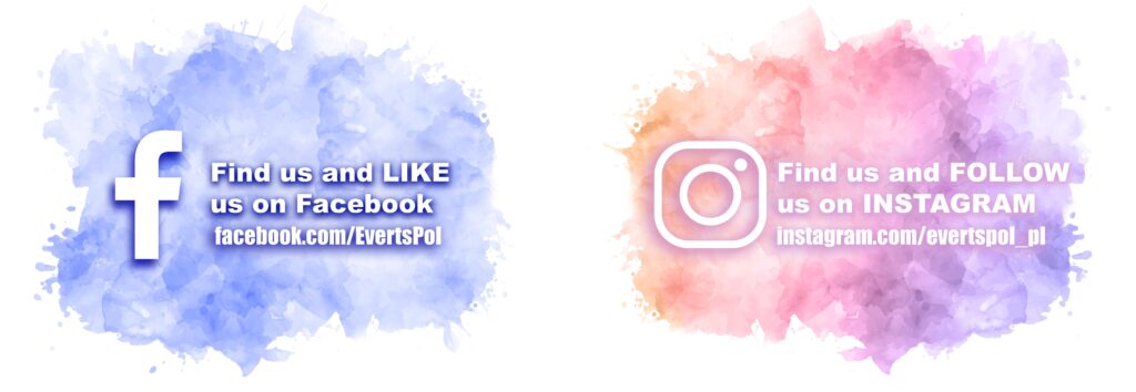 Graphic inviting users to like EvertsPol on Facebook (facebook.com/EvertsPol) and follow on Instagram (instagram.com/evertspol_pl) on a colorful background with a watercolor effect.